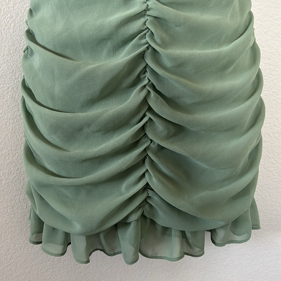 Zara Ruffled Ruched Flutter Off the Shoulder Mini Dress in Sage Light Green - Picture 8 of 15